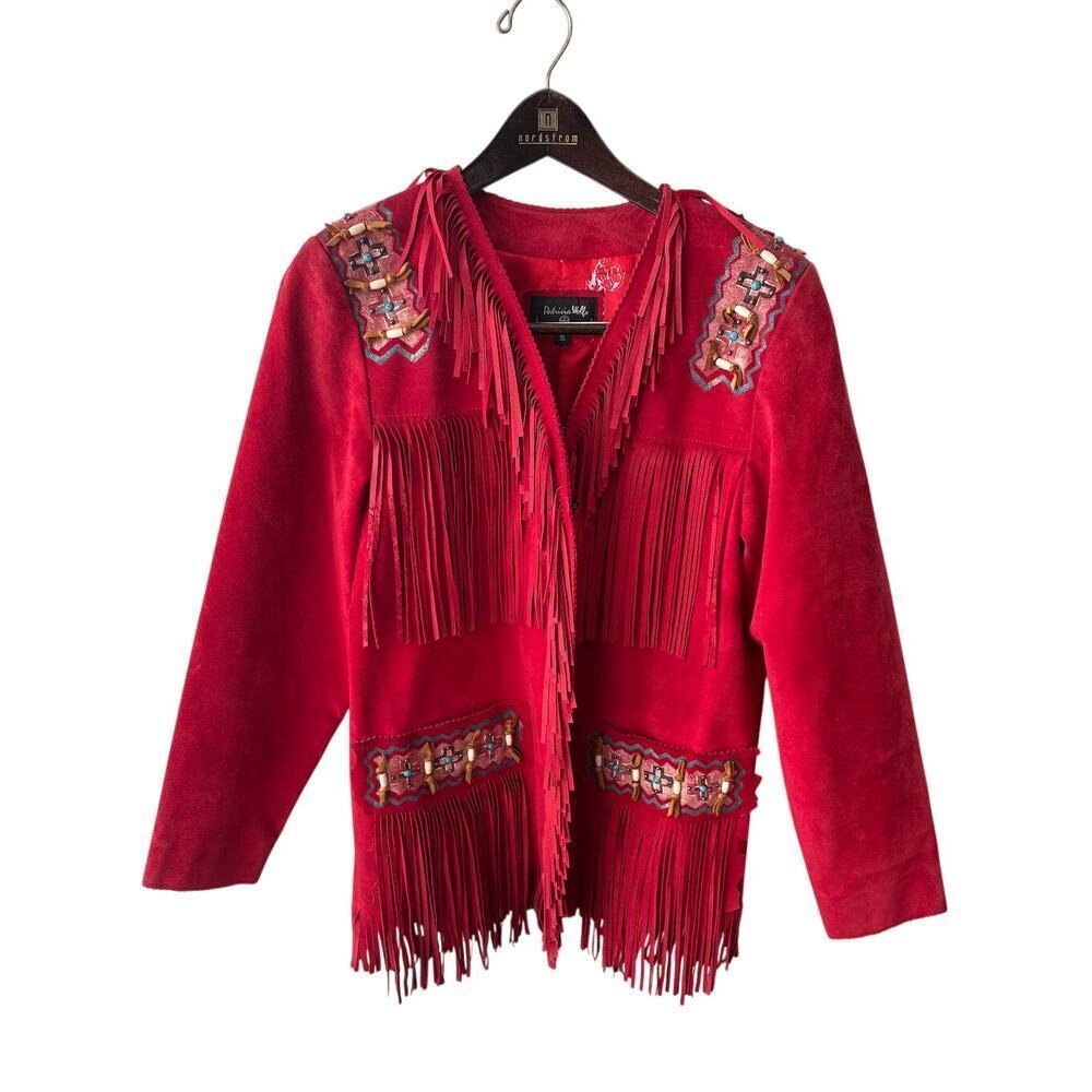 Women's M Patricia Wolf Fringe Jacket VTG Red Suede Beaded Coachella 70s